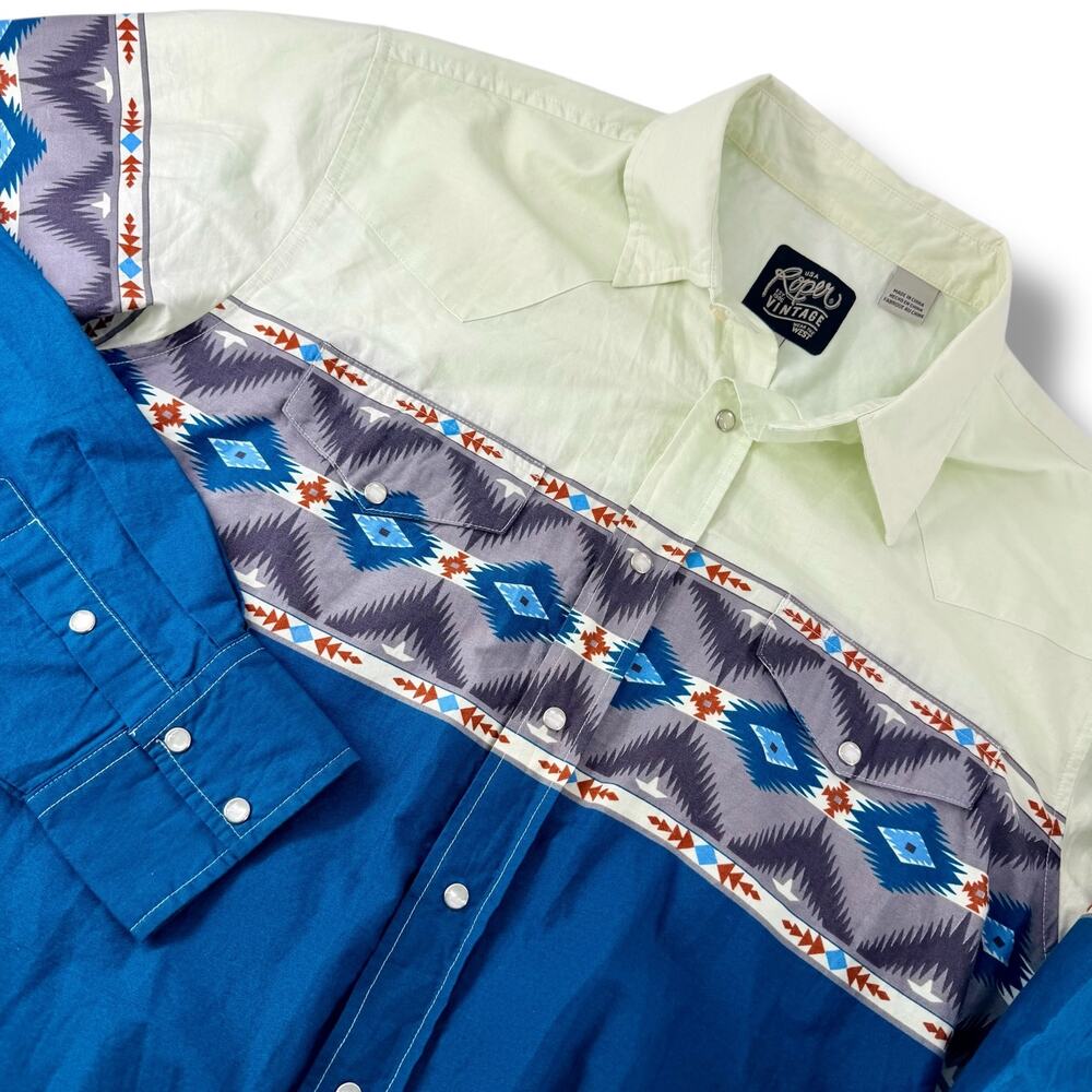 Roper Vintage Western Shirt Men's L Pearl Snap Aztec Colorblock Southwestern